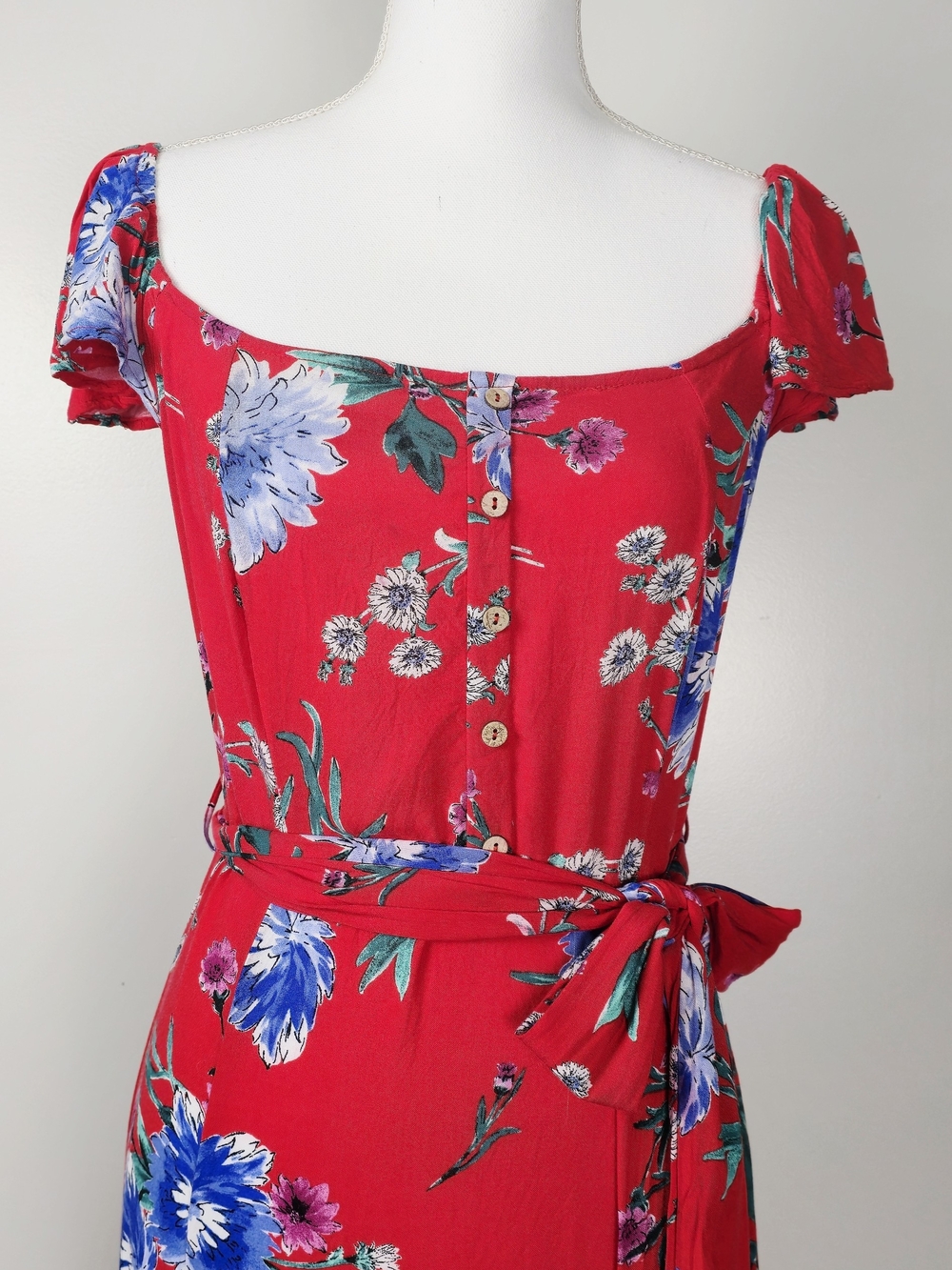 Band of Gypsies Off Shoulder Ruffle Sleeve Red Floral Maxi Dress & Blue Blooms - Picture 3 of 16